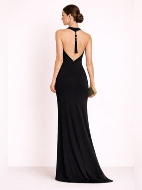 David Meister Halter Maxi Floor Lenght Gown Tassel Open Back Art Deco Black Sz 4